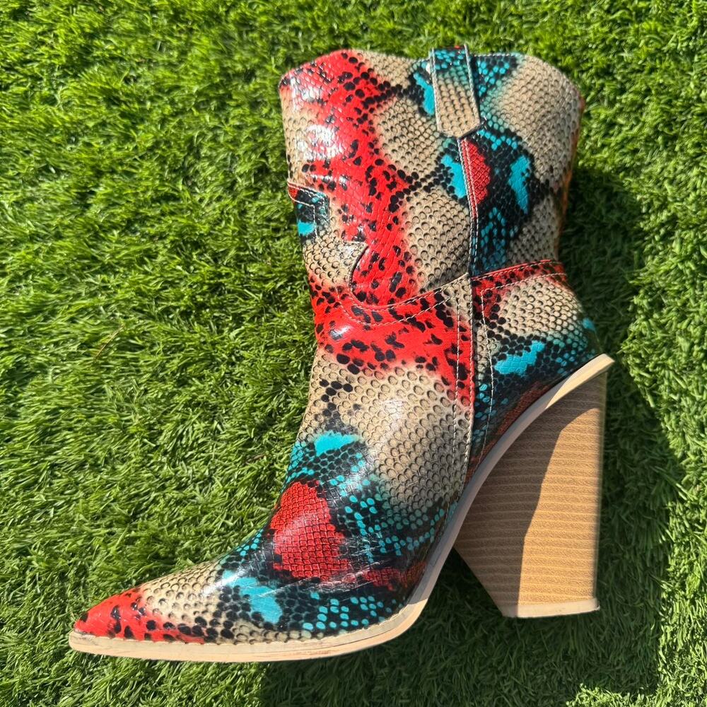 Red & Blue faux snake Ankle Boots